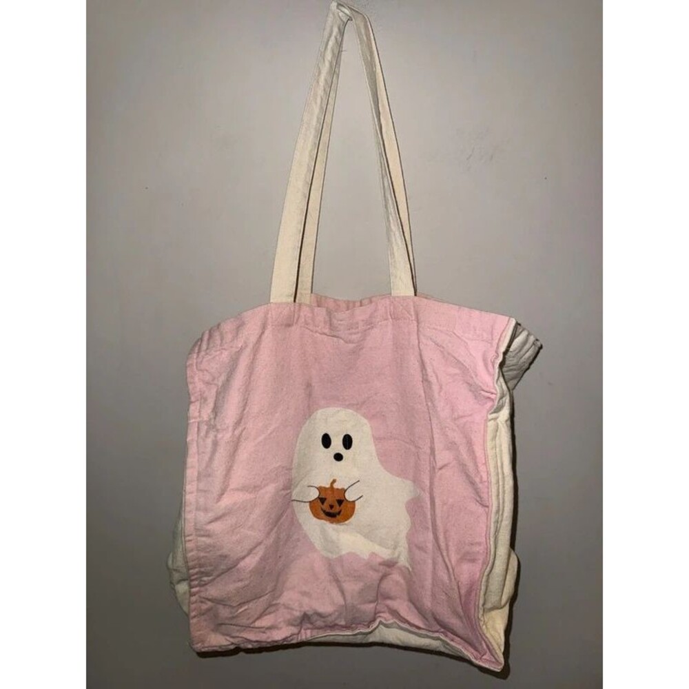 Pink Ghost Pumpkin Halloween Canvas Tote Bag